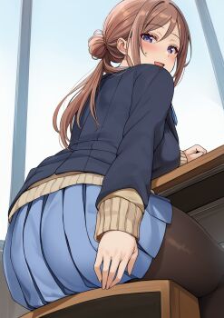 1girl ass black_jacket black_pantyhose blazer blue_eyes blue_skirt blush breasts brown_cardigan brown_hair cardigan chair commentary_request desk fingernails from_behind from_below gakuen_idolmaster hair_bun hatsuboshi_gakuen_school_uniform highres himesaki_rinami idolmaster indoors jacket large_breasts long_hair long_sleeves looking_at_viewer miniskirt on_chair open_mouth pantyhose pleated_skirt school_desk school_uniform shiitake_taishi single_hair_bun sitting skirt smile solo sweat