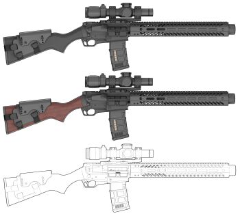 7n39ap absurdres commentary english_commentary gun highres magazine_(weapon) no_humans original rifle scope simple_background suppressor variations weapon weapon_focus