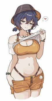 1girl belle_(summer_skies)_(zenless_zone_zero) belle_(zenless_zone_zero) bikini bikini_top_under_shirt bikini_under_clothes bikini_bottom_under_shorts black_nails blue_eyes blue_hair blush bracelet breasts bucket_hat earrings fish_hat flower hair_ornament hat heart highres jewelry letter_hair_ornament looking_at_viewer navel necklace off-shoulder_shirt off_shoulder official_alternate_costume orange_bikini orange_shorts shirt shorts smile solo stomach swimsuit treetree_5200 white_background zenless_zone_zero