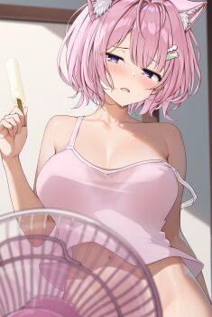 Rule 34 | 1girl, absurdres, animal ears, blurry, blurry foreground, breasts, camisole, collarbone, commentary request, electric fan, food, hair ornament, hairclip, hakui koyori, hakui koyori (summer), highres, holding, holding food, holding popsicle, hololive, medium breasts, navel, otokucha, out-of-frame censoring, pink camisole, pink hair, popsicle, purple eyes, short hair, single off shoulder, solo, virtual youtuber