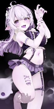 1girl ahoge amemoshi belt belt_collar black_belt black_collar black_garter_straps black_horns black_panties bow breasts cameltoe collar colored_tongue cross-shaped_pupils cross_hair_ornament fang garter_straps grey_hair hair_ornament highres horns indie_virtual_youtuber lavydere long_hair maid_headdress midriff miniskirt mole mole_under_eye navel panties purple_bow purple_eyes purple_skirt purple_tongue second-party_source single_garter_strap skin_fang skirt solo suspenders symbol-shaped_pupils tongue underwear virtual_youtuber