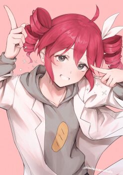 1girl baguette blush braid bread commentary_request double-parted_bangs drill_hair food food_print grey_eyes grey_hoodie grin highres hood hoodie index_fingers_raised kasane_teto lab_coat looking_at_viewer minazumi_souka pink_background pointing pointing_at_self print_hoodie red_eyes red_hair ribbon side_braid smile solo synthesizer_v twin_drills twintails twitter_username upper_body white_ribbon