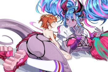Rule 34 | 2girls, ahoge, bikini, blue hair, blush, breasts, cheerleader, colored skin, earrings, fate/grand order, fate (series), fishnet thighhighs, fishnets, fujimaru ritsuka (female), fujimaru ritsuka (female) (brilliant summer), grey skin, hair ornament, hair scrunchie, highres, holding, holding pom poms, hoop earrings, horns, ibuki douji (fate), ibuki douji (swimsuit berserker) (fate), ibuki douji (swimsuit berserker) (second ascension) (fate), ink (inkypyon), jewelry, long hair, multicolored hair, multiple girls, necktie, official alternate costume, one side up, oni, orange bikini, orange eyes, orange hair, orange scrunchie, pink bikini, pink hair, pink skirt, pointy ears, pom pom (cheerleading), pom poms, red eyes, scrunchie, shirt, short hair, skirt, star (symbol), star hair ornament, striped bikini, striped clothes, swimsuit, thighhighs, tied shirt, yellow scrunchie