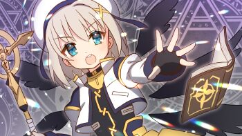 Rule 34 | 1girl, black dress, black gloves, blue eyes, blush, commentary request, cropped jacket, dress, fingerless gloves, gloves, grey hair, hat, holding, holding staff, jacket, juliet sleeves, long sleeves, lyrical nanoha, mahou shoujo lyrical nanoha, mahou shoujo lyrical nanoha a&#039;s, open clothes, open jacket, open mouth, outstretched arm, puffy sleeves, short hair, shuu (syuuuuuuuuuu), solo, staff, teeth, tome of the night sky, upper body, upper teeth only, v-shaped eyebrows, white hat, yagami hayate