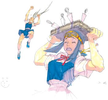 2girls blue_hair book clenched_teeth closed_eyes concept_art freckles game_cg headband highres holding holding_book ibuki_(street_fighter) jumping kunai kurosawa_sarai multiple_girls nishimura_kinu non-web_source official_art open_mouth planted school_uniform shirt short_sleeves simple_background skirt street_fighter street_fighter_iii_(series) teeth weapon white_background white_shirt