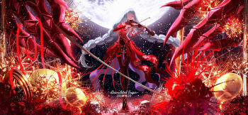 Rule 34 | 1girl, absurdres, artist name, bandaged arm, bandages, bare shoulders, black pantyhose, bow (music), braid, breasts, dated, detached sleeves, dress, field, flower, flower field, full body, full moon, gloves, highres, holding, holding instrument, huge claws, instrument, long hair, looking at viewer, low twin braids, mechanical arms, moon, music, night, pantyhose, phrolova (wuthering waves), playing instrument, red dress, red eyes, red flower, shatang405, sky, solo, spider lily, standing, twin braids, very long hair, violin, white hair, wuthering waves