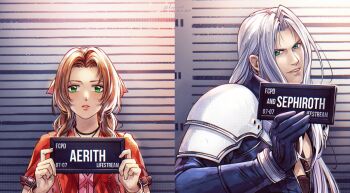 1boy 1girl aerith_gainsborough aqua_eyes armor bangle barbie_mugshot_(meme) black_choker black_coat black_gloves bracelet brown_hair character_name chest_strap choker coat derivative_work dress final_fantasy final_fantasy_vii final_fantasy_vii_rebirth final_fantasy_vii_remake gloves green_eyes grey_hair hair_ribbon jacket jewelry kay-i long_hair looking_at_viewer meme mugshot parted_bangs parted_lips pauldrons pink_dress pink_ribbon red_jacket ribbon sephiroth shoulder_armor sidelocks smile upper_body