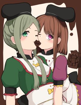Rule 34 | 1up, 2girls, absurdres, apron, blush, bow, brown hair, candy, chocolate, chocolate heart, dress, food, food in mouth, frills, green dress, green eyes, green hair, hat, heart, heart-shaped food, hidden star in four seasons, highres, holding, holding chocolate, holding food, looking at viewer, mashirohiyuki, matara okina, mouth hold, multiple girls, nishida satono, one eye closed, pink dress, puffy short sleeves, puffy sleeves, purple eyes, short hair with long locks, short sleeves, teireida mai, touhou, upper body, waist apron