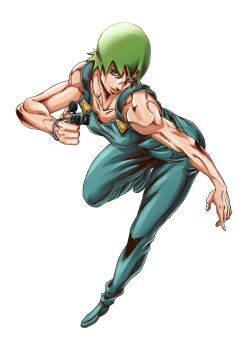 1girl araki_hirohiko_(style) blue_eyes blue_overalls bracelet finger_gun foo_fighters_(jojo) green_hair highres ishimoto_shun&#039;ichi jewelry jojo_no_kimyou_na_bouken overalls short_hair solo stand_(jojo) stone_ocean white_background