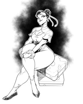 1girl absurdres bracelet breasts capcom china_dress chinese_clothes chun-li cleavage cleavage_cutout clothing_cutout crossed_legs double_bun dress earrings flats greyscale groove1121 hair_bun hair_ribbon highres jewelry large_breasts light_smile lineart looking_at_viewer monochrome official_alternate_costume original own_hands_together ribbon shoes short_sleeves side_slit sitting smile solo street_fighter suitcase wide_hips