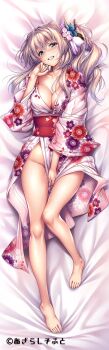 1girl amakano_~second_season~ barefoot bed_sheet blush breasts butterfly_hair_ornament cleavage collarbone copyright_notice crossed_bangs floral_print floral_print_kimono grey_hair hair_between_eyes hair_ornament highres japanese_clothes kimono kutsuno_kanade large_breasts long_hair looking_at_viewer lying off_shoulder official_art on_back piromizu print_kimono single_bare_shoulder solo teeth
