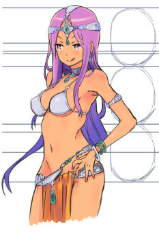 1girl armlet armor bare_shoulders bikini_armor bracelet breasts circlet cleavage cropped_legs dancer dark-skinned_female dark_skin dragon_quest dragon_quest_iv forehead_jewel gem green_gemstone hand_on_own_hip harem_outfit highres jewelry licking_lips loincloth long_hair manya_(dq4) metal_belt metal_bikini metal_bra multiple_bracelets neck_ring niwa_tuki ootsuka_shin'ichirou_(style) parody parted_bangs pelvic_curtain purple_eyes purple_hair smile solo style_parody tongue tongue_out