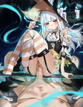 1boy 1girl absurdres ascot ass azur_lane blue_fire blunt_bangs bow bowtie broom broom_riding candle candle_wax censored clothed_female_nude_male erebus_(azur_lane) erebus_(wardrobe_witchery)_(azur_lane) fire flying frilled_skirt frilled_sleeves frills garter_straps halloween halloween_costume hat highres long_hair looking_at_viewer mosaic_censoring nude official_alternate_costume penis pointy_ears pussy pussy_juice red_eyes red_nails restrained sex sidelocks sidesaddle skirt slit_pupils stationary_restraints striped_clothes striped_thighhighs thighhighs vaginal waligner white_hair witch_hat
