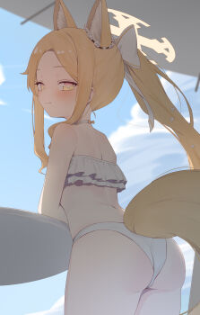 1girl absurdres alternate_costume animal_ear_fluff animal_ears ass back bare_arms bare_shoulders bikini blonde_hair blue_archive blue_sky blush bow closed_mouth commission cowboy_shot day extra_ears flower fox_ears fox_girl fox_tail frilled_bikini frills from_behind gradient_eyes hair_bow hair_flower hair_ornament half-closed_eyes highres leaning_on_table loli long_hair looking_at_viewer looking_back multicolored_eyes outdoors ponytail ruha_(ruha12haru) seia_(blue_archive) skeb_commission sky smile solo standing swimsuit tail very_long_hair white_bikini yellow_eyes