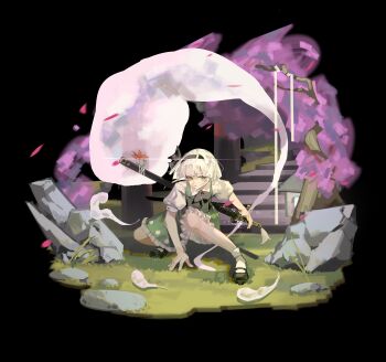 1girl absurdres black_background black_bow black_hairband black_ribbon black_shoes bow branch brush_stroke cherry_blossoms chinese_commentary collared_shirt commentary_request falling_petals flower frilled_skirt frills ghost ghost_print grass green_eyes green_skirt green_vest hair_ribbon hairband hand_on_ground highres holding holding_sword holding_weapon knees konpaku_youmu konpaku_youmu_(ghost) lantern light_blush light_particles looking_to_the_side mary_janes parted_lips penglaiyuzhi_yinghuiyue petals pink_petals puffy_short_sleeves puffy_sleeves red_flower ribbon rock sheath sheathed shirt shoes short_hair short_sleeves skirt socks solo squatting stairs stone_stairs sword sword_on_back sword_tassel tassel touhou tree vest weapon weapon_on_back white_hair white_shirt white_socks wooden_lantern