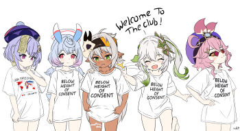 5girls absurdres blue_hair bottomless clothes_writing dark_skin dori_(genshin_impact) flatculture genshin_impact glasses grey_hair hair_ornament hat headband highres iansan_(genshin_impact) loli lolibaba multiple_girls nahida_(genshin_impact) oversized_clothes oversized_shirt pink_hair pointy_ears qiqi_(genshin_impact) shirt sigewinne_(genshin_impact) white_shirt zombie