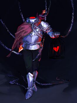 1other alt_text armor black_pants cage cape chain commentary cosplay deltarune english_commentary facing_viewer gauntlets greaves headless heart highres kris_(dark_world)_(deltarune) kris_(deltarune) pants red_cape slay_the_princess soul_(deltarune) standing sword the_cage_(slay_the_princess) the_cage_(slay_the_princess)_(cosplay) toothwormfactory utdr_(toby_fox) weapon