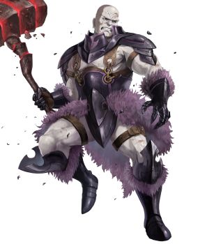 1boy armor armored_boots bald beard black_armor boots earrings facial_hair fire_emblem fire_emblem_fates fire_emblem_heroes hans_(fire_emblem) highres holding holding_polearm holding_weapon jewelry looking_at_viewer male_focus nintendo official_art pale_skin pectorals pelt polearm smile soeda_ippei solo third-party_source weapon