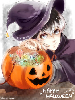 Rule 34 | 1boy, arm rest, black cloak, black hair, black hat, blue eyes, candy, cloak, commentary request, food, hair between eyes, halloween, halloween bucket, halloween costume, happy halloween, hat, hat ornament, highres, kaneki ken, long sleeves, male focus, multicolored hair, nail polish, orange nails, sasaki haise, shishi (eai make), signature, solo, star (symbol), star hat ornament, tokyo ghoul, tokyo ghoul:re, twitter username, two-tone hair, white hair, witch, witch hat