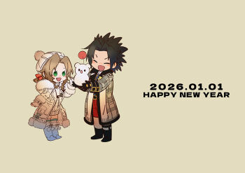 1boy 1girl aerith_gainsborough aerith_gainsborough_(fairy_of_snowfall) black_gloves black_hair brown_hair closed_eyes coat commentary_request dated dress final_fantasy final_fantasy_vii final_fantasy_vii:_ever_crisis fingerless_gloves full_body fur-trimmed_coat fur_trim gloves green_eyes hair_ribbon happy_new_year hat holding hood hood_down huosheanng long_hair long_sleeves looking_at_another moogle new_year official_alternate_costume open_clothes open_coat open_mouth parted_bangs pom_pom_(clothes) ribbon short_hair simple_background spiked_hair standing sweater sweater_dress turtleneck turtleneck_sweater white_gloves white_hat winter_clothes zack_fair zack_fair_(holiday_suit)