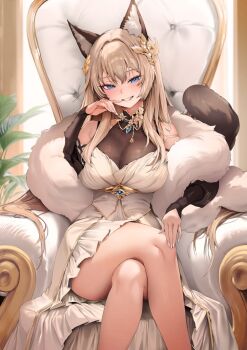 Rule 34 | 1girl, animal ear fluff, animal ears, bare shoulders, blue eyes, breasts, brown hair, chair, cleavage, commentary, crossed legs, fingernails, fur trim, hair between eyes, hand up, highres, large breasts, long hair, looking at viewer, on chair, original, parted lips, see-through cleavage, see-through clothes, sitting, solo, symbol-only commentary, very long hair, zerocat