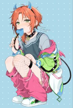 1boy backpack bag black_tank_top blue_background blush bracelet collar commentary_request demon_boy demon_horns demon_tail earrings ensemble_stars! fake_horns fang fishnets full_body green_eyes heikounosaba highres holding holding_own_tail horns jacket jewelry leg_warmers long_sleeves looking_at_viewer male_focus multicolored_jacket off_shoulder orange_hair pink_leg_warmers see-through_clothes see-through_shirt shirt shoes shorts sneakers solo spiked_collar spikes squatting tail tank_top torn_clothes torn_shorts trap tsukinaga_leo wings