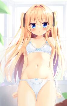 1girl arms_at_sides black_ribbon blonde_hair blue_eyes blush bow bow_bra bow_panties bra breasts chestnut_mouth collarbone colored_inner_hair commentary_request cowboy_shot crotch_seam fingernails floral_print floral_print_bra floral_print_panties frilled_bra frilled_panties frills gluteal_fold groin hair_intakes hair_ribbon highres hiragana_iroiro indoors long_hair looking_at_viewer multicolored_hair navel original panties parted_lips print_bra print_panties ribbon side-tie_panties small_breasts solo standing stomach string_panties two_side_up underwear underwear_only very_long_hair white_bra white_panties wispy_bangs