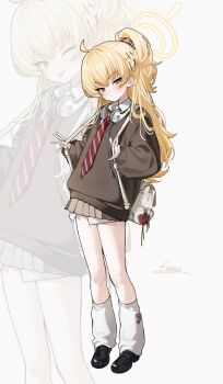 1girl ahoge backpack bag blonde_hair blue_archive brown_skirt commentary_request diagonal-striped_clothes diagonal-striped_necktie halo headphones headphones_around_neck highres long_hair looking_at_viewer loose_socks necktie pleated_skirt school_uniform sirin_(sirin_8_8) skirt socks solo striped_clothes striped_necktie yellow_eyes yellow_halo yoshimi_(blue_archive)