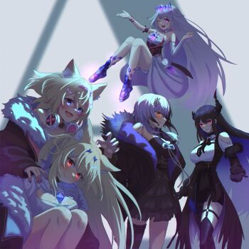 Rule 34 | absurdres, animal ear fluff, animal ears, ankle boots, arm garter, asymmetrical horns, asymmetrical legwear, bandaid, bandaid hair ornament, belt, black bow, black bowtie, black corset, black dress, black gloves, black hair, black skirt, black vest, blonde hair, blue hairband, blue streaks, boots, bow, bowtie, breast strap, breasts, chest jewel, cleavage cutout, clothing cutout, coattails, collared shirt, corset, detached collar, detached sleeves, dog ears, dog girl, dress, dress shirt, fake horns, fang, floating, framed breasts, fur-trimmed jacket, fur trim, fuwawa abyssgard, fuwawa abyssgard (1st costume), garter straps, gem, gloves, glowing, glowing eyes, grey hair, hair flaps, hair ornament, hair over one eye, hairband, hairclip, head tilt, headphones, headphones around neck, headpiece, highres, holoadvent, hololive, hololive english, horn hairband, horns, jacket, kneeling, koseki bijou, koseki bijou (1st costume), large breasts, layered dress, long hair, long sleeves, looking at viewer, medium dress, miniskirt, mococo abyssgard, mococo abyssgard (1st costume), multicolored hair, nerissa ravencroft, nerissa ravencroft (1st costume), o-ring, o-ring thigh strap, one eye closed, open mouth, parallel hairclips, parted lips, pencil skirt, pink eyes, pink hairband, pink nails, pleated dress, purple boots, purple gem, red eyes, ribbed shirt, ribbon, shiori novella, shiori novella (1st costume), shirt, short hair, shoulder cutout, side slit, sidelocks, single detached sleeve, single garter strap, single thighhigh, skin fang, skirt, smile, split-color hair, standing, strapless, strapless dress, streaked hair, sumosumo, tailcoat, teeth, thigh strap, thighhighs, torn clothes, torn dress, underbust, uneven horns, uneven legwear, upper teeth only, very long hair, vest, virtual youtuber, waistcoat, white arm garter, white dress, white ribbon, white shirt, white sleeves