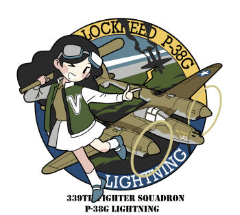 Rule 34 | > o, 1girl, aircraft, airplane, baseball bat, black hair, blue shoes, brown shirt, chibi, collared shirt, commentary, english commentary, goggles, goggles on head, highres, holding, jacket, letterman jacket, long hair, long sleeves, one eye closed, open clothes, open jacket, open mouth, original, p-38 lightning, personification, shirt, shoes, skirt, socks, white skirt, white socks, yorktown cv-5