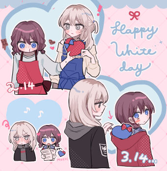 Rule 34 | 2girls, apple, black jacket, blue eyes, blush, box, brown hair, candy, chocolate, chocolate heart, closed mouth, commentary, eighth note, food, fruit, girls band cry, grey eyes, grey hair, grey hoodie, grey shirt, hamchan69, heart, heart-shaped box, heart-shaped food, highres, hood, hoodie, iseri nina, jacket, kawaragi momoka, long hair, multiple girls, musical note, off-shoulder sweater, off shoulder, open mouth, pout, red jacket, sheet music, shirt, short twintails, smile, sweatdrop, sweater, twintails, white day, white sweater, yuri