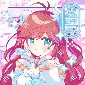 Rule 34 | 1girl, :3, antenna hair, bare shoulders, blue eyes, blush, brown hair, closed mouth, commentary, commission, dot nose, dress, frilled sleeves, frills, hands on own face, highres, indie virtual youtuber, long hair, long sleeves, looking at viewer, multicolored hair, off-shoulder dress, off shoulder, portrait, purple background, purple hair, shirocha tei, skeb commission, smile, solo, sparkle, streaked hair, tanmaru kade, twitter username, two-tone hair, virtual youtuber, watermark, white dress