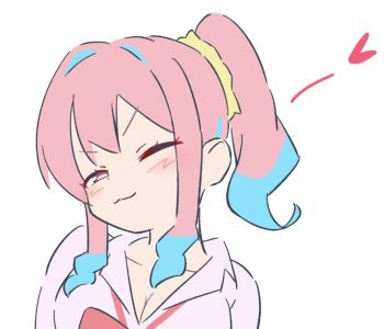 1girl ;3 blue_hair blush bow bowtie breasts cleavage collared_shirt commentary heart hozuki_kaede large_breasts long_hair looking_at_viewer loose_bowtie multicolored_hair one_eye_closed onii-chan_wa_oshimai! pink_eyes pink_hair ponytail portrait red_bow red_bowtie shirt sidelocks simple_background smile solo symbol-only_commentary two-tone_hair uncool_mochi v-shaped_eyebrows white_background white_shirt wing_collar