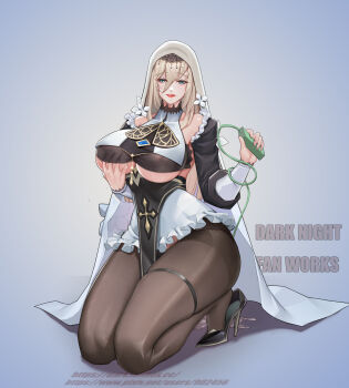 1girl absurdres aponia blue_eyes breasts brown_hair dark_night_(darkotl) full_body grabbing_own_breast high_heels highres honkai_(series) honkai_impact_3rd large_breasts large_variant_set long_hair looking_at_viewer nun pussy_juice solo variant_set veil