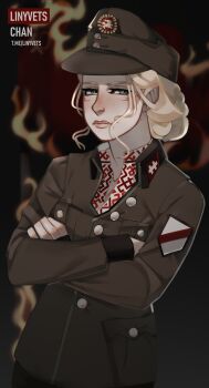 1girl artist_name belarusian_central_council belarusian_clothes belarusian_opposition blonde_hair blue_eyes blush body_freckles breasts brown_hat brown_jacket burning burning_flag buttons cleavage collar collar_tabs collarbone cross cross_of_saint_euphrosyne crossed_arms dark_background emilia_plyaterska fire flag_patch freckles frown hair_bun half-closed_eyes hat highres jacket large_ears linyvets_chan lips looking_at_viewer military_hat military_uniform nazi open_clothes open_shirt original pointy_ears red_collar_tabs signature small_breasts soviet vyshyvanka war white_cross world_war_ii