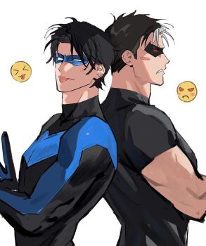 2boys back-to-back batman_(series) black_bodysuit black_gloves black_hair bodysuit brothers commentary_request dc_comics dick_grayson domino_mask emoji eye_mask gloves jason_todd korean_commentary looking_at_viewer male_focus mask multicolored_bodysuit multicolored_hair multiple_boys muscular muscular_male red_hood_(dc) red_hood_and_the_outlaws short_hair short_sleeves siblings simple_background superhero_costume taut_bodysuit tjfclfb tongue tongue_out two-tone_bodysuit upper_body white_background