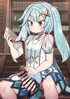 1futa aqua_hair armlet armpits arrow_(symbol) arrow_print bar_censor blush book bookshelf bowl censored clothes clothing_cutout dress erection eyebrows eyelashes faruzan_(genshin_impact) flat_chest futanari genshin_impact glass_bowl green_eyes hair_between_eyes hair_ornament hand_on_own_hip heart heart-shaped_pupils highres holding holding_bowl jewelry knees lemon_snail liquid long_hair penis pouring pouring_onto_penis pouring_onto_self short_sleeves sitting solo symbol-shaped_pupils testicles twintails white_dress x_hair_ornament