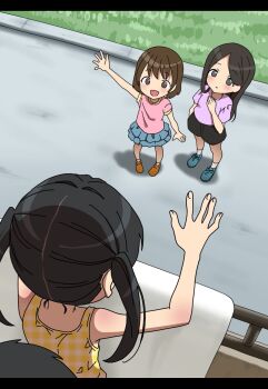 1boy 3girls absurdres black_hair brown_hair commentary_request highres koshian-san_(nyrt7583) letterboxed multiple_girls original paid_reward_available shirt skirt twintails