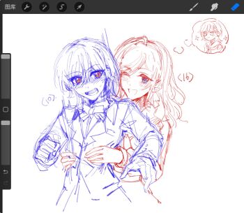 Rule 34 | 2girls, age difference, aged down, art program in frame, blue eyes, bow, bowtie, ceras yanagida lilienfeld, character age, chinese commentary, collared shirt, commentary request, highres, hug, hug from behind, jacket, katsuragi izumi, link! like! love live!, long hair, long sleeves, love live!, medium hair, multiple girls, multiple monochrome, open mouth, orange eyes, procreate (medium), shirt, simple background, sketch, slit pupils, sparkle, speech bubble, suit jacket, surprise hug, surprised, thought bubble, virtual youtuber, white background, yrxy settingsun