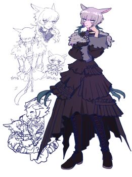 1boy 1girl animal_ears black_boots black_choker black_dress boots breasts cat_ears cat_girl choker commentary_request dress facial_mark final_fantasy final_fantasy_xiv full_body fur-trimmed_dress fur_trim grey_eyes grey_hair high-low_dress highres hrothgar hvkxj light_smile long_sleeves medium_breasts miqo'te multiple_views runar short_hair sketch twitter_username white_background y'shtola_rhul