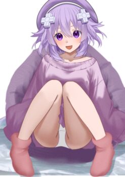1girl absurdres bean_bag_chair blush casual commentary d-pad d-pad_hair_ornament english_commentary hair_ornament hat highres neptune_(neptunia) neptune_(series) open_mouth panties pantyshot purple_eyes purple_hair short_hair simple_background smile solo thighs underwear white_background xueli_shimazaki