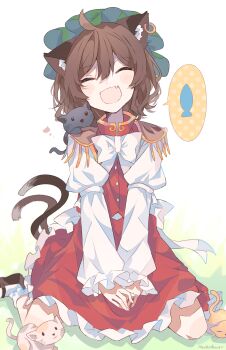 1girl ^_^ absurdres ahoge aiguillette animal animal_ear_fluff animal_earrings animal_ears animal_on_shoulder artist_name black_cape blush bobby_socks bow bowtie brown_hair brown_shoes calico_(pattern) calico_cat cape cat cat_ears cat_girl cat_tail chen closed_eyes commentary_request facing_viewer fang fish frilled_hat frilled_sleeves frills green_hat hair_between_eyes hat highres kneeling long_sleeves mob_cap multiple_tails own_hands_together petticoat puffy_long_sleeves puffy_sleeves red_skirt red_vest shirt shoes skirt skirt_set smile socks spoken_animal tail touhou two_tails umemaro_(siona0908) vest white_bow white_bowtie white_shirt white_socks yellow_cat