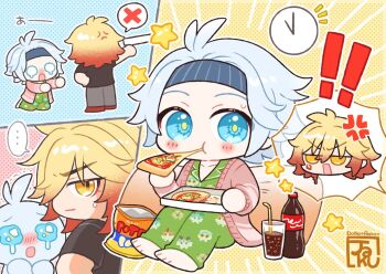 2boys anger_vein antenna_hair black_headband blonde_hair blue_eyes blush_stickers braid cardigan chibi chibi_only chinese_commentary commentary_request facial_tattoo food gradient_hair green_pajamas headband holding holding_food holding_pizza honkai:_star_rail honkai_(series) jaku_711 male_focus medium_hair multicolored_hair multiple_boys mydei_(honkai:_star_rail) official_alternate_costume open_cardigan open_clothes pajamas parted_bangs phainon_(chimerric_park_epilogue)_(honkai:_star_rail) phainon_(honkai:_star_rail) pink_cardigan pizza pizza_box red_hair short_hair side_braid tattoo white_hair yellow_eyes