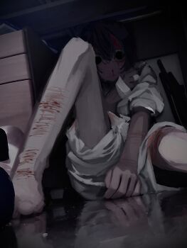 Rule 34 | 1girl, adip0cere, assault rifle, bandaged hand, bandages, barefoot, black hair, commentary request, curled up, dark, full body, gun, hand on own arm, highres, knee up, looking at viewer, original, pants, rifle, self-harm, shirt, short hair, sitting, sleeves rolled up, solo, thigh cutting, under table, weapon, white pants, white shirt, wide-eyed, wrist cutting