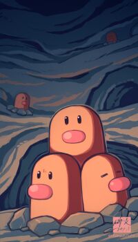 Rule 34 | black eyes, cave, diglett, dugtrio, gen 1 pokemon, hibun tsukasa, indoors, nintendo, no humans, pokemon, pokemon (creature), twitter username