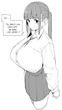 1girl absurdres arms_at_sides blunt_bangs blush boobs_kouhai_(ohasi) breasts collared_shirt commentary cropped_legs dress_shirt furrowed_brow greyscale highres huge_breasts long_hair long_sleeves looking_at_viewer monochrome neck_ribbon ohasi original pleated_skirt ribbon sad school_uniform shirt shirt_tucked_in sidelocks simple_background skirt solo speech_bubble tearing_up tented_shirt twintails white_background