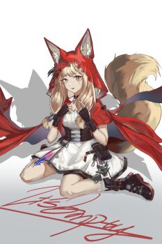 Rule 34 | 1girl, absurdres, animal ear fluff, animal ears, arknights, arknights: endfield, black boots, black gloves, blonde hair, boots, cape, commentary request, dress, ears through headwear, fingerless gloves, full body, gloves, hands up, highres, hood, hood up, long hair, looking at viewer, low-tied sidelocks, open mouth, red cape, rossi (arknights), scar, scar across eye, scar on face, sidelocks, sitting, solo, sqkysama02, tail, wariza, white background, white dress, wolf ears, wolf girl, wolf tail, yellow eyes