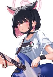 Rule 34 | 1girl, absurdres, animal ears, bass guitar, bee ho00, black collar, black hair, black mask, blue archive, blush, breasts, cat ears, closed mouth, collar, colored inner hair, commentary, earclip, earrings, extra ears, halo, highres, holding, holding instrument, instrument, jewelry, kazusa (band) (blue archive), kazusa (blue archive), looking at viewer, mask, mask pull, mouth mask, multicolored hair, music, official alternate costume, pink eyes, pink hair, pink halo, playing instrument, shirt, short hair, short sleeves, simple background, small breasts, solo, spiked collar, spikes, stud earrings, upper body, white background, white shirt, wristband