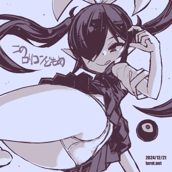 1girl :q animal_ears ass backbeako_(torotei) backbeard barefoot blush closed_mouth commentary dated dated_commentary dress from_below gegege_no_kitarou hair_over_one_eye hair_ribbon hand_up horns kono_lolicon_domome loli long_hair looking_at_viewer monochrome neckerchief original paid_reward_available panties pointy_ears rabbit_ears ribbon shirt short_sleeves simple_background sleeveless sleeveless_dress smile solo thighs tongue tongue_out torotei translated twintails underwear upskirt very_long_hair watermark web_address