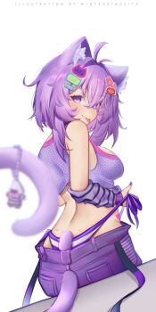 1girl :p animal_ear_fluff animal_ears antenna_hair ass blurry blurry_foreground breasts cat_ears cat_girl cat_tail clothing_cutout crop_top from_behind hair_ornament highres hololive long_hair looking_at_viewer medium_breasts nekomata_okayu panties purple_eyes purple_hair purple_tail side-tie_panties solo striped_clothes striped_panties tail tail_through_clothes tongue tongue_out underwear virtual_youtuber white_background winterkindlita